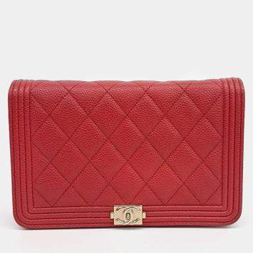Chanel Red Leather Classic Mini Boy Wallet on Chain Bag