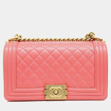 Pre Owned Chanel Pink Caviar Leather Medium Boy Shoulder Bag
