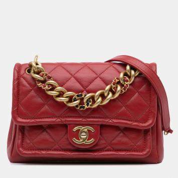 Pre Owned Chanel Red Quilted Lambskin Small Chain Link Flap Bag