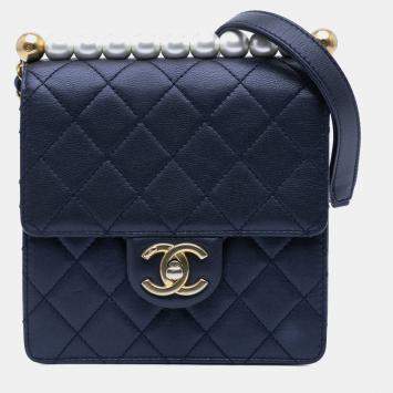 Pre Owned Chanel Navy Blue Lambskin Small Chic Pearls Flap Shoulder Bag