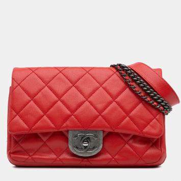 Pre Owned Chanel Red Quilted Goatskin Small Double Carry Waist Chain Flap Bag