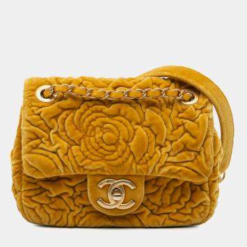 Pre Owned Chanel Yellow Mini Square Velvet Camellia Embossed Flap Bag