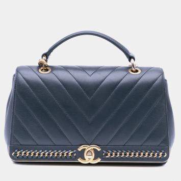 Chanel Black Chevron Sheepskin Stitched Chain Top Handle Flap Bag