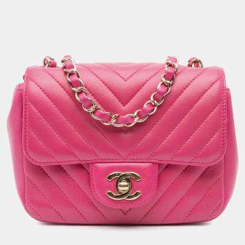 Pre Owned Chanel Pink Chevron Lambskin Mini Classic Single Flap Shoulder Bag