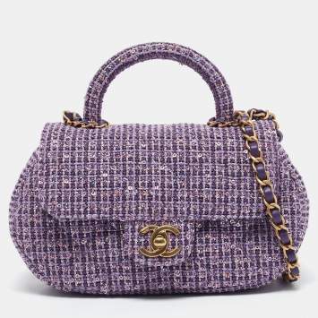 Pre Owned Chanel Purple Quilted Tweed and Sequins Top Handle Bag
