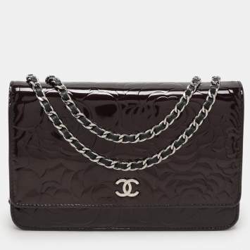 Pre Owned Chanel Dark Burgundy Camellia Patent and Leather Wallet On Chain