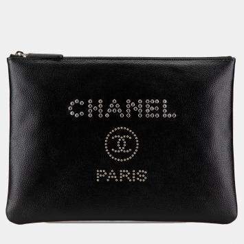 Pre Owned Chanel Black Medium Caviar Deauville Studded O Case Clutch Bag