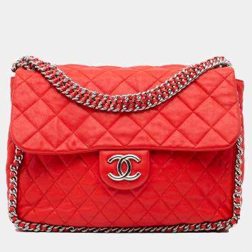 Pre Owned Chanel Red Maxi Washed Lambskin Chain Around Flap Bag