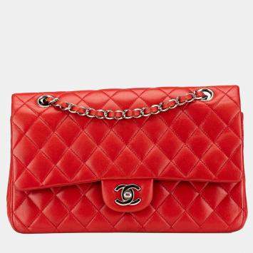Pre Owned Chanel Red Medium Classic Lambskin Double Flap Bag