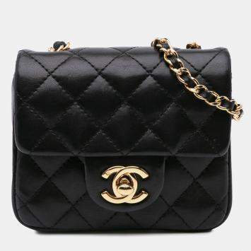 Pre Owned Chanel Black Quilted Lambskin Micro Single Flap Bag