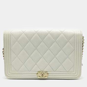 Pre Owned Chanel Cream Leather Caviar Boy WOC Mini Crossbody Bag