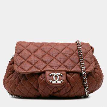 Pre Owned Chanel Brown Large Quilted Lambskin Chain Around Flap Bag