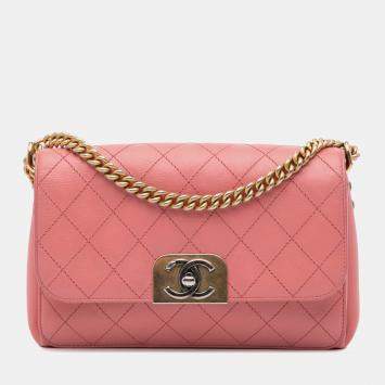 Pre Owned Chanel Pink Quilted Calfskin Straight Lined Flap Bag