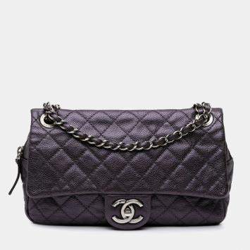Pre Owned Chanel Plum Jumbo Quilted Caviar Easy Flap Bag