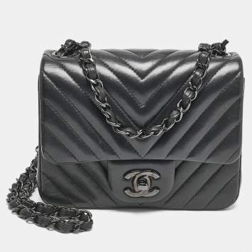 Chanel So Black Chevron Leather Mini Square Classic Flap Bag