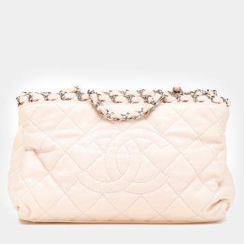 Pre Owned Chanel Light Beige Mini Quilted Lambskin Chain Me Tote Bag