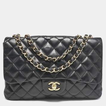 Pre Owned Chanel Black Quilted Leather Jumbo Classic Single Flap Bag
