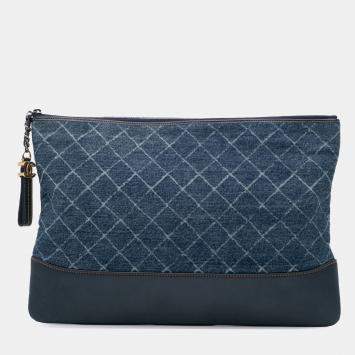 Pre Owned Chanel Blue Large Denim Gabrielle O Case Clutch Bag