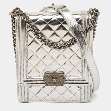 Pre Owned Chanel Silver Quilted Patent Leather North South Boy Flap Bag