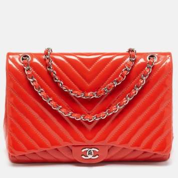 Pre Owned Chanel Orange Chevron Patent Leather Maxi Classic Single Flap Bag
