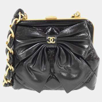 Chanel Black Leather Bow Chain Clutch Bag
