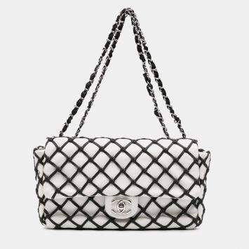 Pre Owned Chanel Black White Jumbo Calfskin Canebiers Net Flap