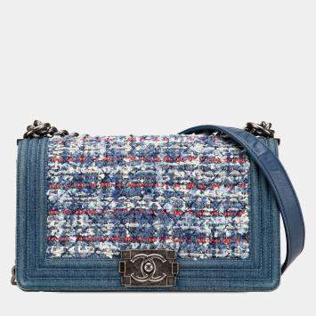 Pre Owned Chanel Blue Denim Tweed Medium Boy Bag