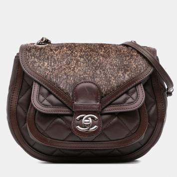Pre Owned Chanel Dark Brown Lambskin Pony Hair Paris-Salzburg Saddle Crossbody Bag