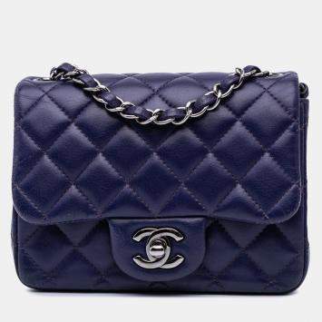 Pre Owned Chanel Midnight Blue Lambskin Mini Square Classic Single Flap Bag