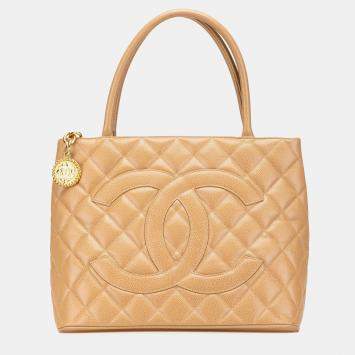 Pre Owned Chanel Beige Caviar Leather Medallion Tote Bag
