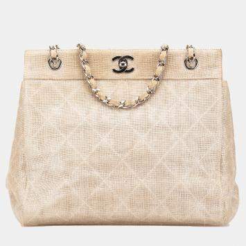 Pre Owned Chanel Beige Quilted Canvas Classic Chain Tote Bag