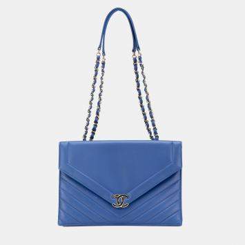 Pre Owned Chanel Blue Chevron Calfskin Coco Envelope Shoulder Bag