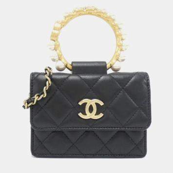 Chanel Black Leather Pearl Bracelet Chain Clutch Bag