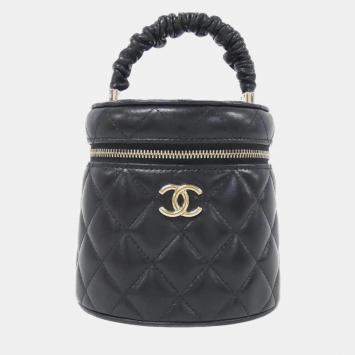 Chanel Black Leather Vanity Case Top Handle Bag