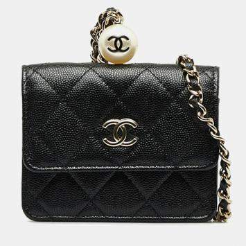 Pre Owned Chanel Black Caviar Leather Faux Pearl Coin Purse Shoulder Bag