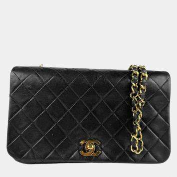 Pre Owned Chanel Black Lambskin Full Flap Shoulder Bag