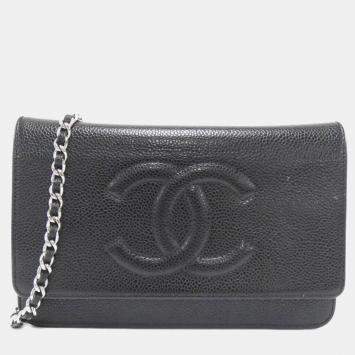 Pre Owned Chanel Black Leather Timeless CC Wallet On Chain 
