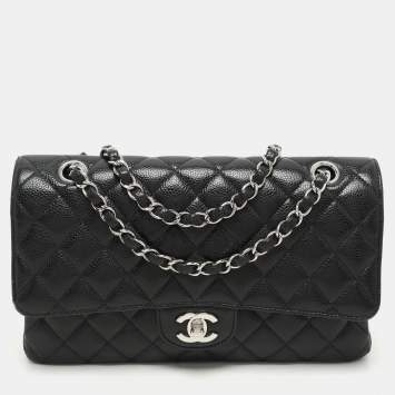 Pre Owned Chanel Black Quilted Caviar Leather Medium Classic Double Flap Bag