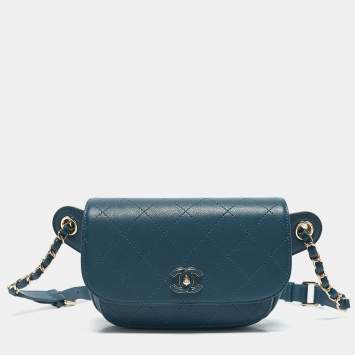 Pre Owned Chanel Blue Quilted Leather CC Waist Bag