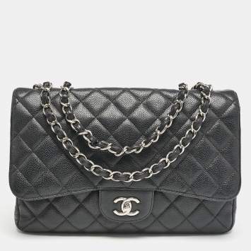 Pre Owned Chanel Black Quilted Caviar Leather Jumbo Classic Single Flap Bag