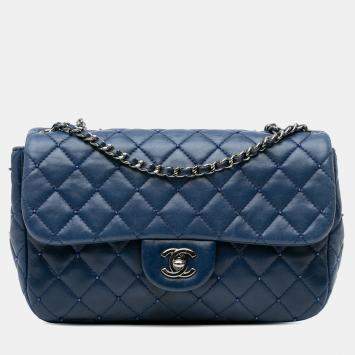 Pre Owned Chanel Blue Small Quilted Lambskin Beaded Single Flap Bag
