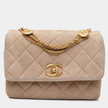 Pre Owned Chanel Beige Mini Quilted Velvet Precious Buttons Chain Flap Bag