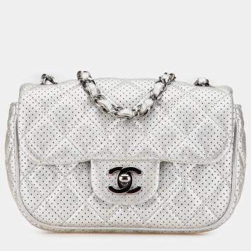 Pre Owned Chanel Silver Mini Perforated Lambskin Punch Flap
