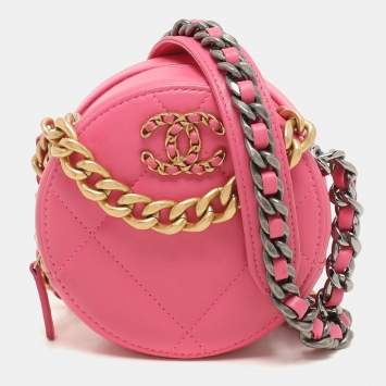 Pre Owned Chanel Pink Quilted Leather Chanel 19 Round Clutch Bag