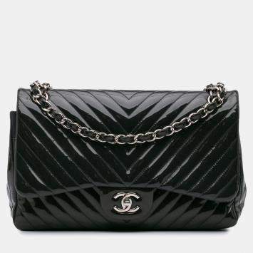 Pre Owned Chanel Navy Blue Jumbo Classic Chevron Patent Double Flap Bag