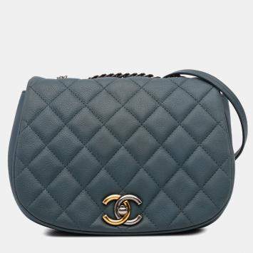 Pre Owned Chanel Navy Blue Small Quilted Caviar Casual Pocket Flap Bag