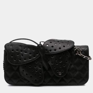 Chanel Black Quilted Lambskin Butterfly Clutch With Chain