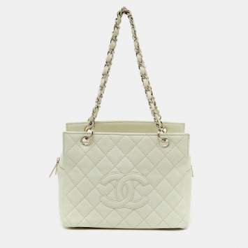 Pre Owned Chanel Off White Quilted Caviar Leather Petite Timeless Shopper Tote Bag