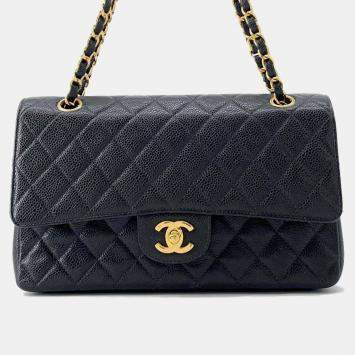 Pre Owned Chanel Matelasse Double Flap Chain Black Caviar Leather shoulder Bag
