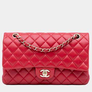 Pre Owned Chanel Red Medium Classic Lambskin Double Flap